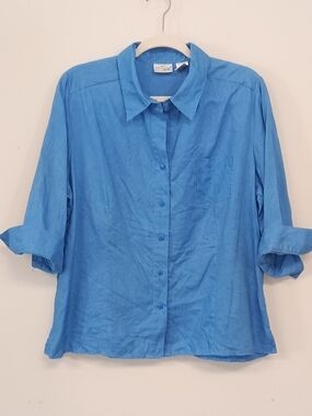 Kim Rogers 100% Linen Coastal Blue Button Down  Cuff Sleeve Top Beach Petite XL